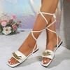 Женская обувь Шнуровка Женские сандалии Модные металлические украшения Повседневные сандалии Женские Новые Большого размера Сандалии на плоской подошве