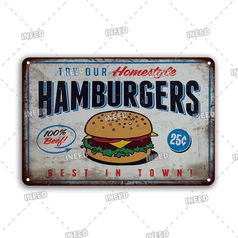 Tin Sign FastFood Pizza Hot Dog Hamburgers Ice Cream Fries Pop Corn Metal Vintage Plaque Metal Retro Plate Kitchen Wall Decor