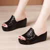 Fashion 2025 New Platform Black Women's Sandals Leather Wedges High Heel Hollow Peep Toe Female Ladies Shoes Beach Slippers Rome Style