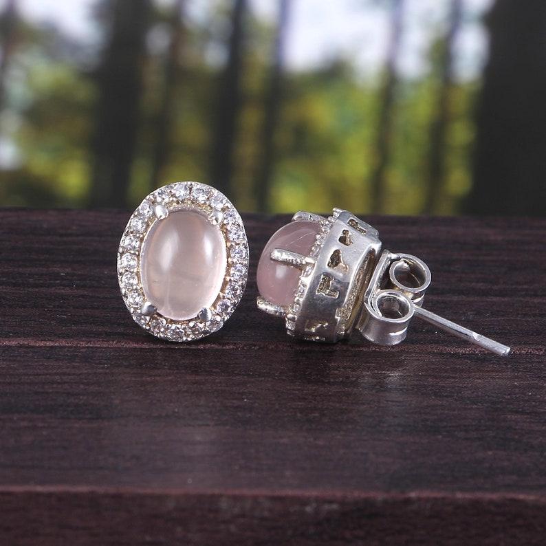 Rose Quartz Earrings Round Stud Earrings 925 Sterling Silver Minimalist Earrings Boho Jewelry Dainty Halo Earrings Bohemian Earrings Gift