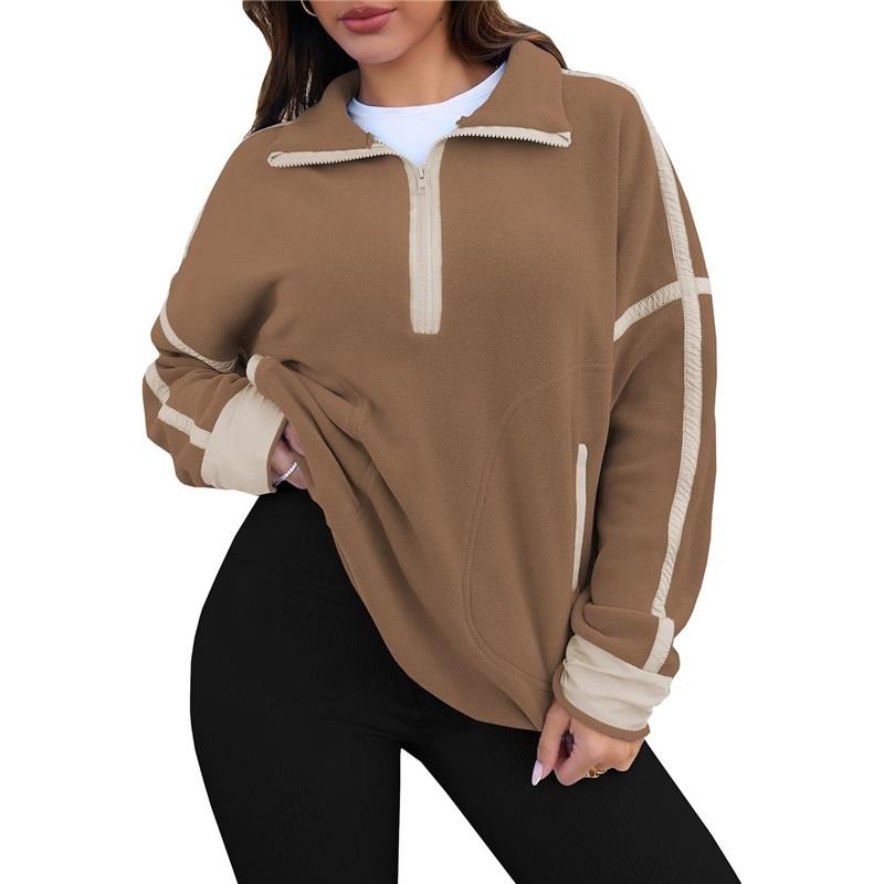 Women's Color Block Striped Half Zip Polo Sweatshirt Loose Long Sleeve Casual Pullover Top