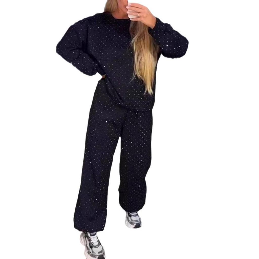 2024 Европейский и американский осенне-зимний женский повседневный комплект с круглым вырезом, длинными рукавами, горячей фиксацией, кулиской и манжетами на щиколотках