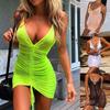 Womens Ladies Sheer Mesh Holiday Summer Beach Bod-ycon Party Mini Neon Dress