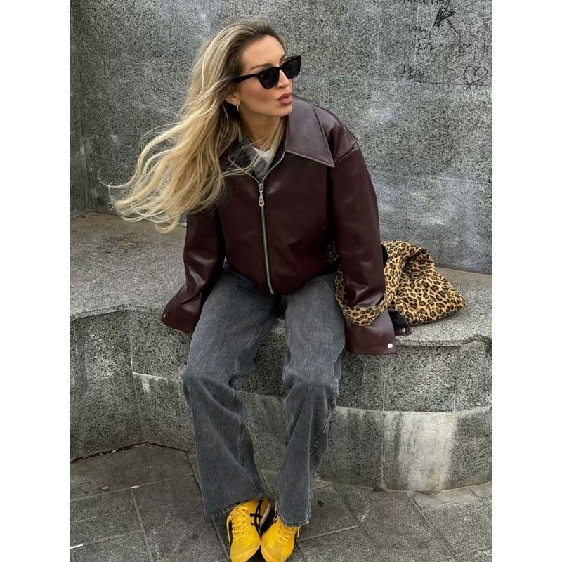 Нормкор Ретро Винно-красное Свободное Короткое Пальто Кожаная Куртка