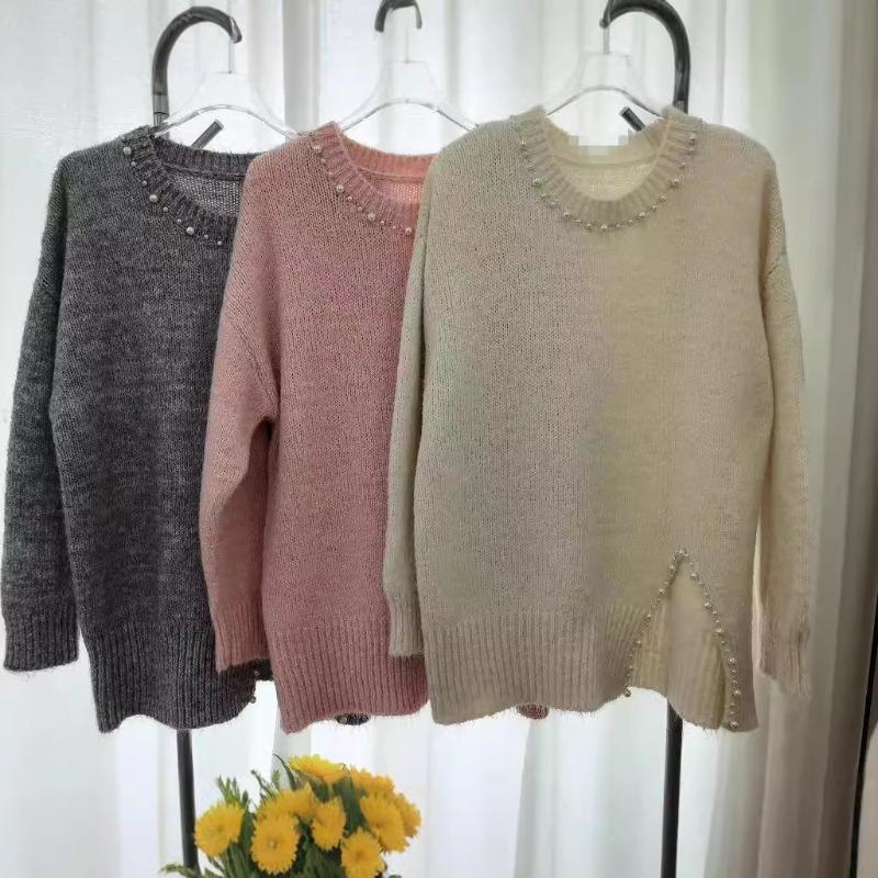 Split Fork Loose Lazy Wind Knitted Sweater Women's Autumn and Winter Design Sense Nail Bead Pullover Sweater Women's High-end Top