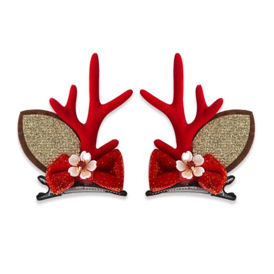 1 пара рождественских заколок для волос, праздничный дизайн с оленьими рогами, декор из искусственного жемчуга и плюшевых шариков, заколки для волос, реквизит для фотосъемки на рождественской вечеринке