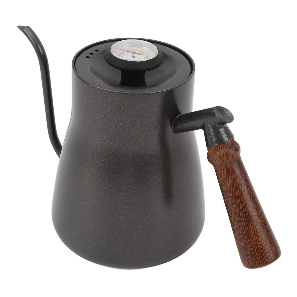 Чайник для кофе 850 мл с термометром, длинным тонким носиком, из нержавеющей стали, деревянной ручкой и гибкой шеей