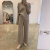 Зимний женский повседневный спортивный комплект из двух предметов, однотонный шерстяной вязаный свитер с высоким воротником, широкие брюки, модный женский офисный женский костюм