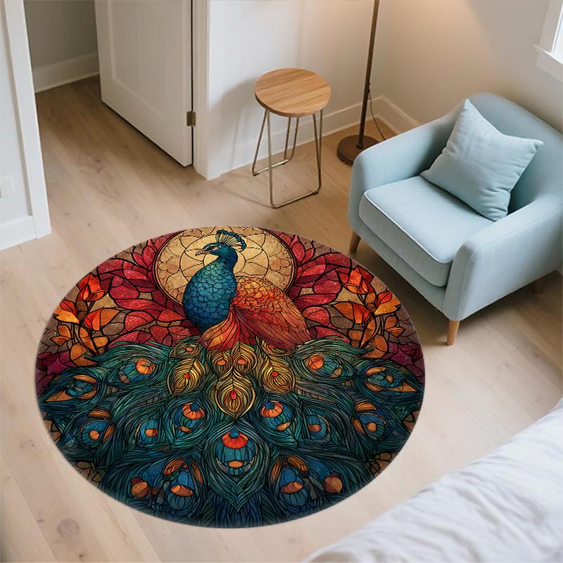 Stained Glass Peacock Round Area Rug,Carpet Rug for Living Room Bedroom Sofa Playroom Decor,Non-slip Floor Mat