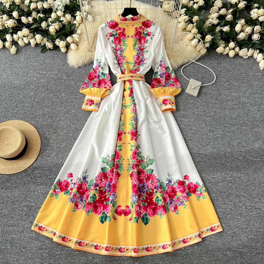Весенние женские винтажные принты с отложным воротником, однобортная рубашка, длинные макси, праздничные пляжные платья с поясом