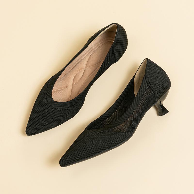 Весенняя женская обувь 2024, однотонная обувь без шнуровки на низком каблуке с острым носком, трикотажная дышащая рабочая обувь с противоскользящей резиновой подошвой