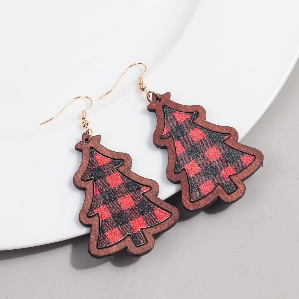 Retro Long Christmas Tree Wood Earrings for Women Creative Xmas Plaid Cookie Trees Drop Earring Party Jewelry Gifts