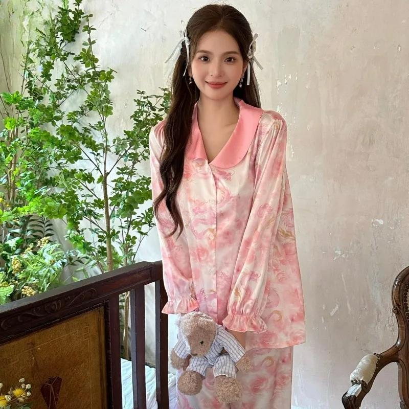 Pajamas Women's Summer New Ice Silk Long Sleeve Thin Imitation Silk Sweet Home Clothes Spring and Autumn Suit
