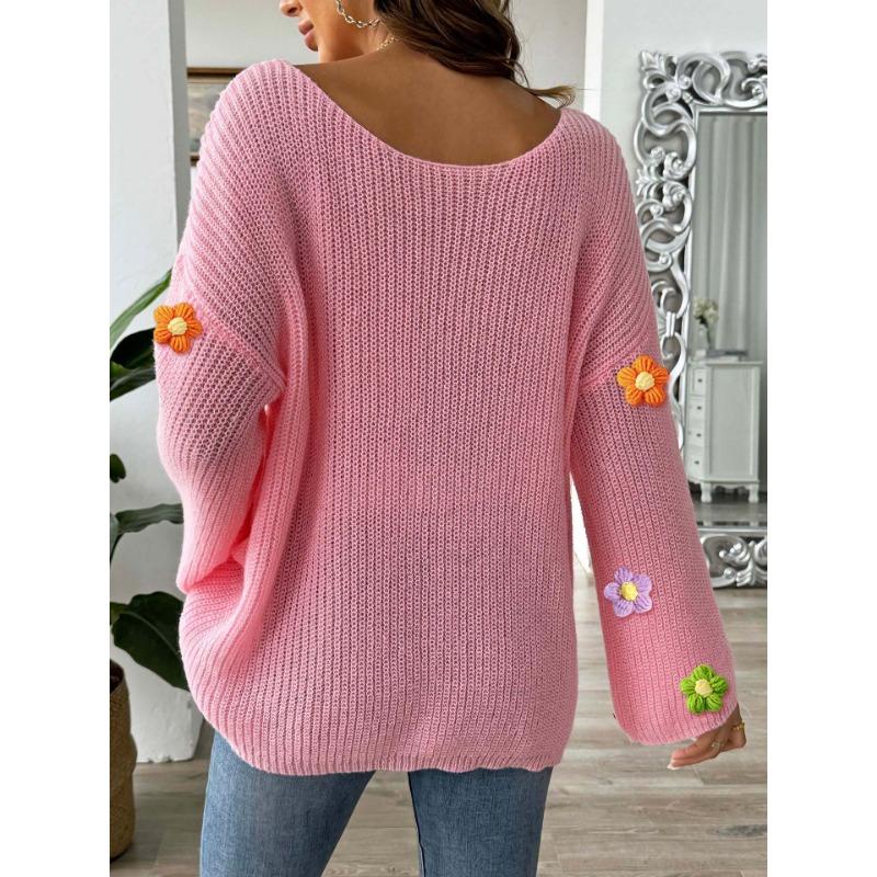 Женский свитер с цветочным узором, связанный вручную крючком, с простым свободным однотонным вырезом и расклешенными рукавами, открытыми плечами