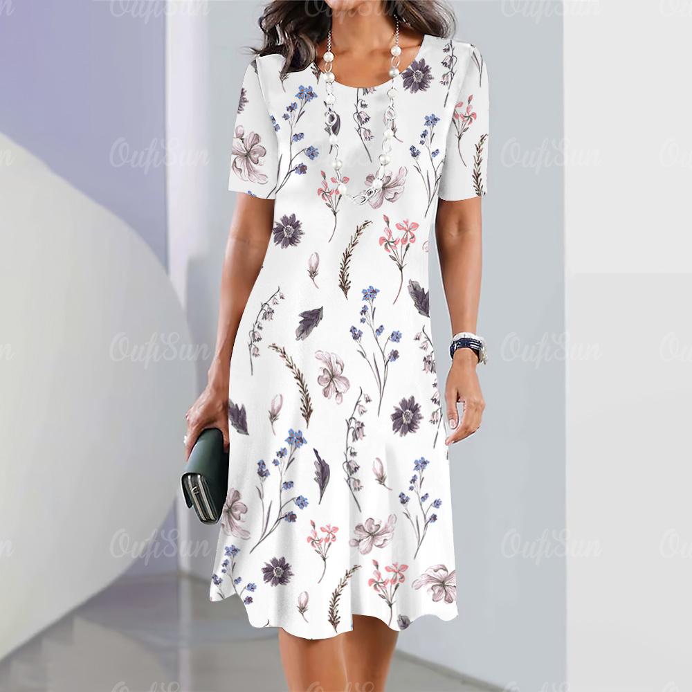 2025 New Ladies Floral Print Summer Elegant Dress Round Neck Short-sleeved Dress Fashion Oversized Clothes