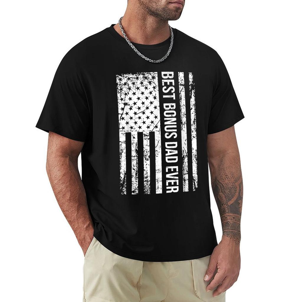 Unisexs Step Dad Best Bonus Dad Ever For Stepdad American Flag Tshirt Plus Size Basic Cotton Tshirt