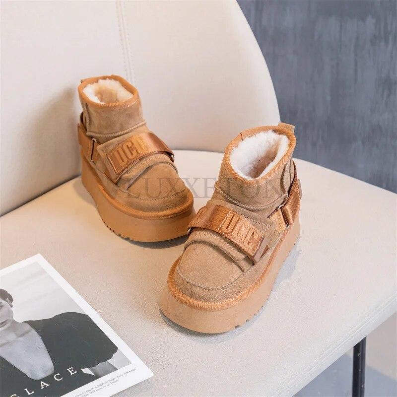 Зимняя женская обувь из коровьей замши, модные зимние сапоги для девочек, дизайнерские ботинки на плоской подошве, повседневные утолщенные ботинки