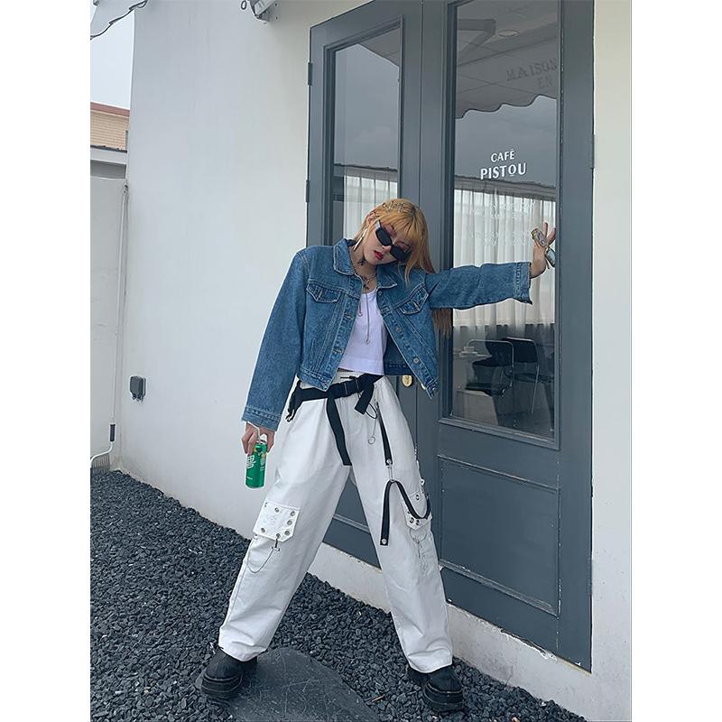 Черные брюки-карго в стиле Харадзюку, женские брюки-карго в готическом стиле с цепочкой, белые широкие брюки, женские хиппи, уличный стиль, эмо-торговый центр, гот