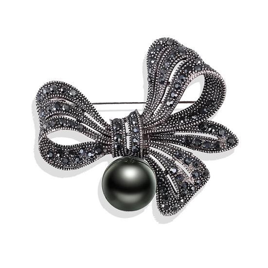 Retro Bow Brooch Rhinestone Black Faux Pearl Flower Brooch Pin Bow Lapel Pin Women Outfit Accessory for Sweaters Hats Coats