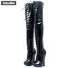 Сапоги на очень высокой танкетке 18 см, сексуальные высокие сапоги до бедра на платформе из искусственной кожи со шнуровкой и молнией