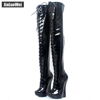 Сапоги на очень высокой танкетке 18 см, сексуальные высокие сапоги до бедра на платформе из искусственной кожи со шнуровкой и молнией