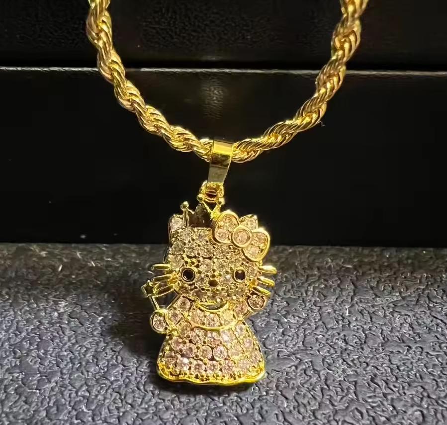 Customized Hip Hop Stainless Steel Link Chain Custom Cute Diamond Cut Cat Cartoon Character Necklace Fashion Jewelry Women Gift