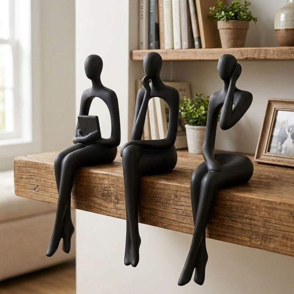3Pcs Long Leg Abstract Sitting Human Sculpture Set Hollow Reading Thinking Figurine Office Desk