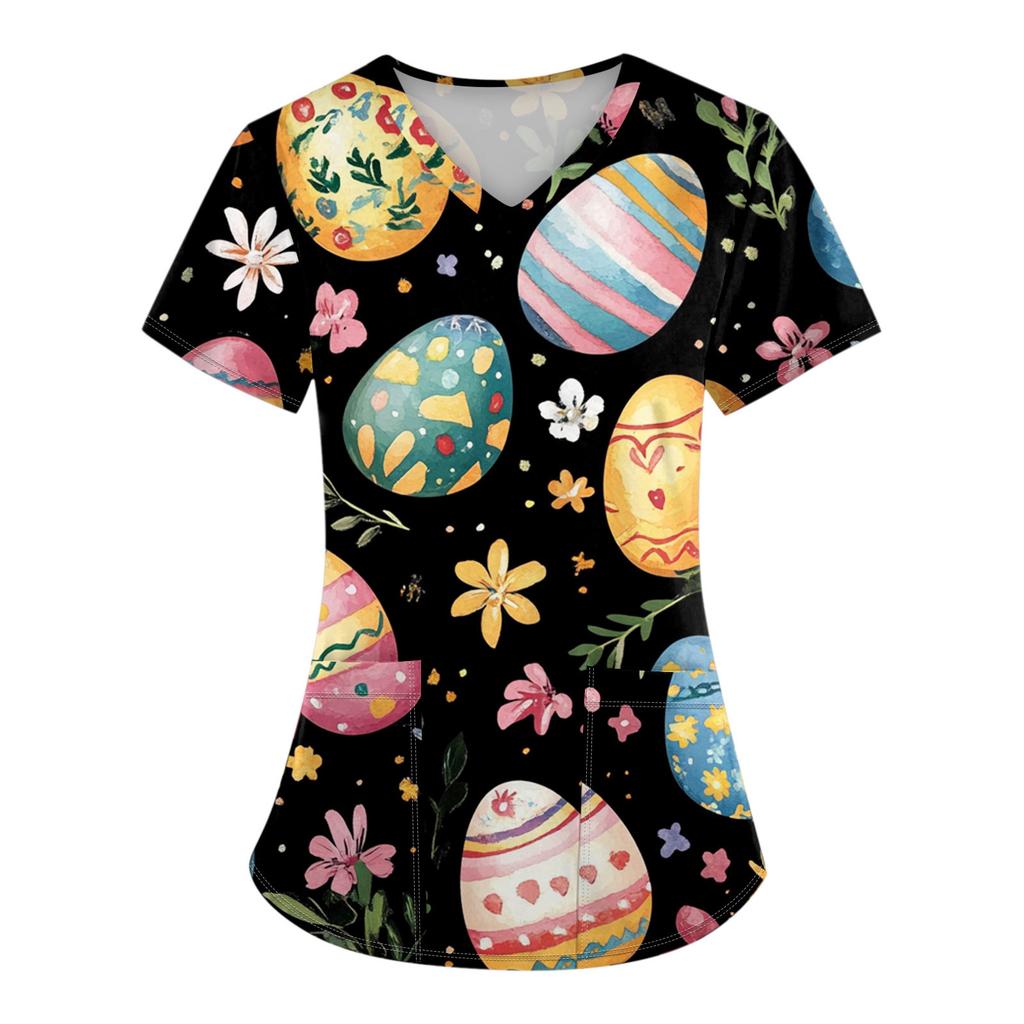 Женские модные комбинезоны с коротким рукавом и V-образным вырезом, с карманами, пасхальные топы с принтом, одежда