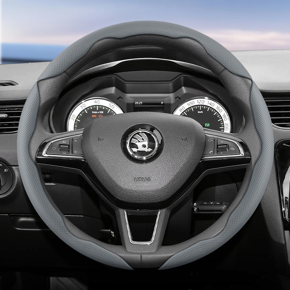 WFM1 Подходит для Skoda Дышащий кожаный чехол на руль с сегментированным дизайном и быстрой фиксацией, нескользящий и прочный, Octavia Rapid Kodiaq