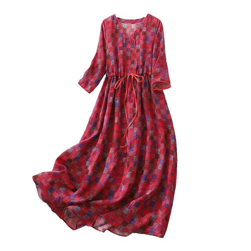 2025 лето новый хлопок и лен с принтом темперамент тонкая цветочная юбка свободное платье с V-образным вырезом и рукавом семь четвертей