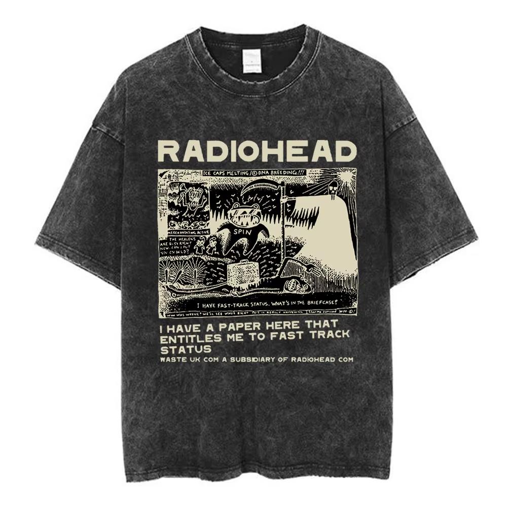 Radiohead Rock Band OK Computer Vintage Washed Tshirts Men Women Fashion Hip Hop T Shirt Cotton Casual Tshirts Streetwear