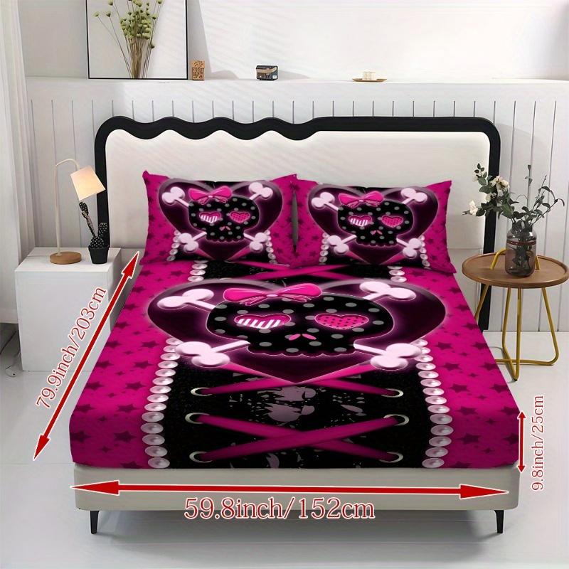 1pc Fitted Sheet Pink Purple Skull Heart 3D Print 100% Polyester Cover Breathable Bedding Set Home Decor without Pillowcases