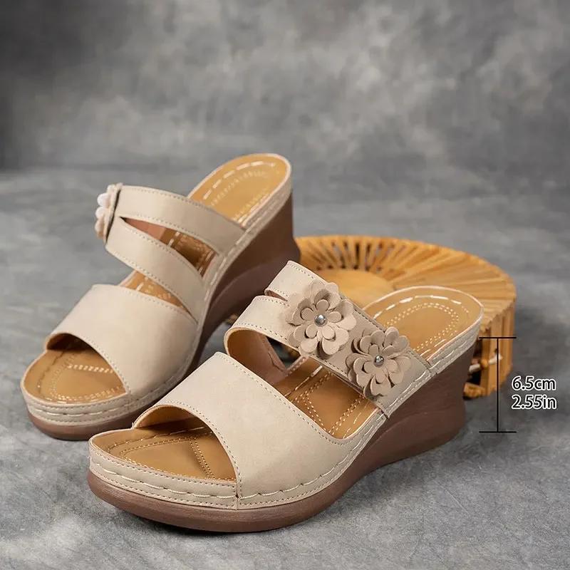 Модные ретро сандалии-клинья с цветочным декором для женщин больших размеров, массивная платформа, летние удобные нескользящие пляжные туфли