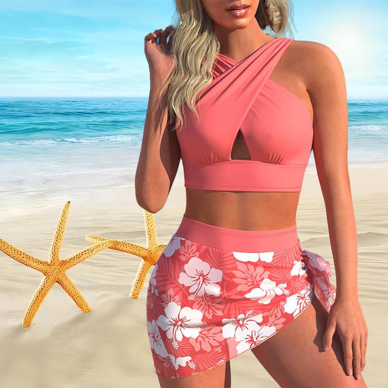 Women's Shoulder Strap Swimsuit Green Summer Printed Bikini Short Tank Top Swimsuit