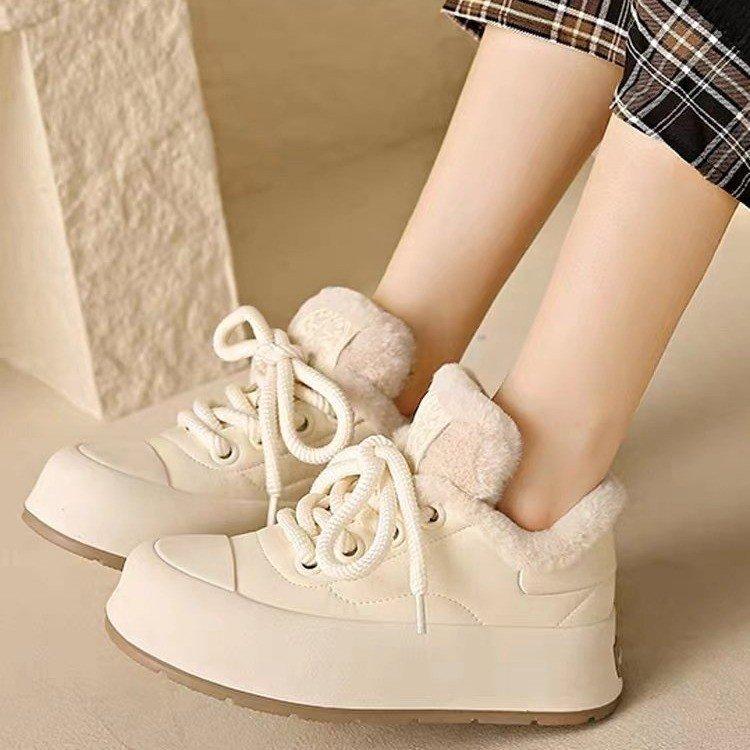 Зимние женские теплые утолщенные спортивные туфли с толстой подошвой, белые туфли, нескользящие, повседневные, теплые, со шнуровкой
