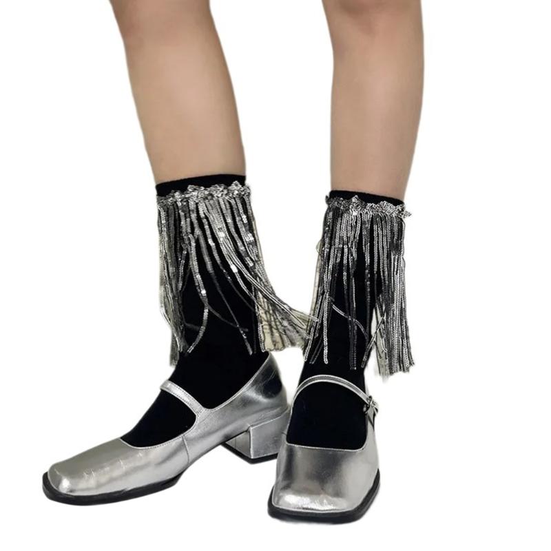 Womens Harajuku Sequins Tassels Decorative Trim Calf Sock 90s Solid Rib Middle Tube Sock Nightclub Party Stockings