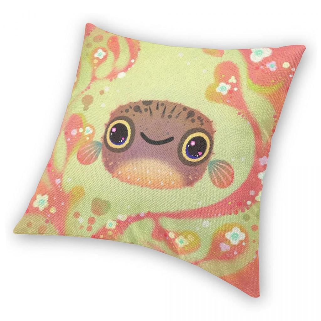 Smiling Puffer Boxfish Square Pillowcase Polyester Linen Velvet Creative Zip Decor Throw Pillow Case Room Cushion Cover