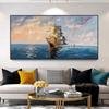100% Hand Painted Big Size Modern Abstract High Quality Ocean Sea Navy Sailboat with Sunset Oil Painting On Canvas Home Decor