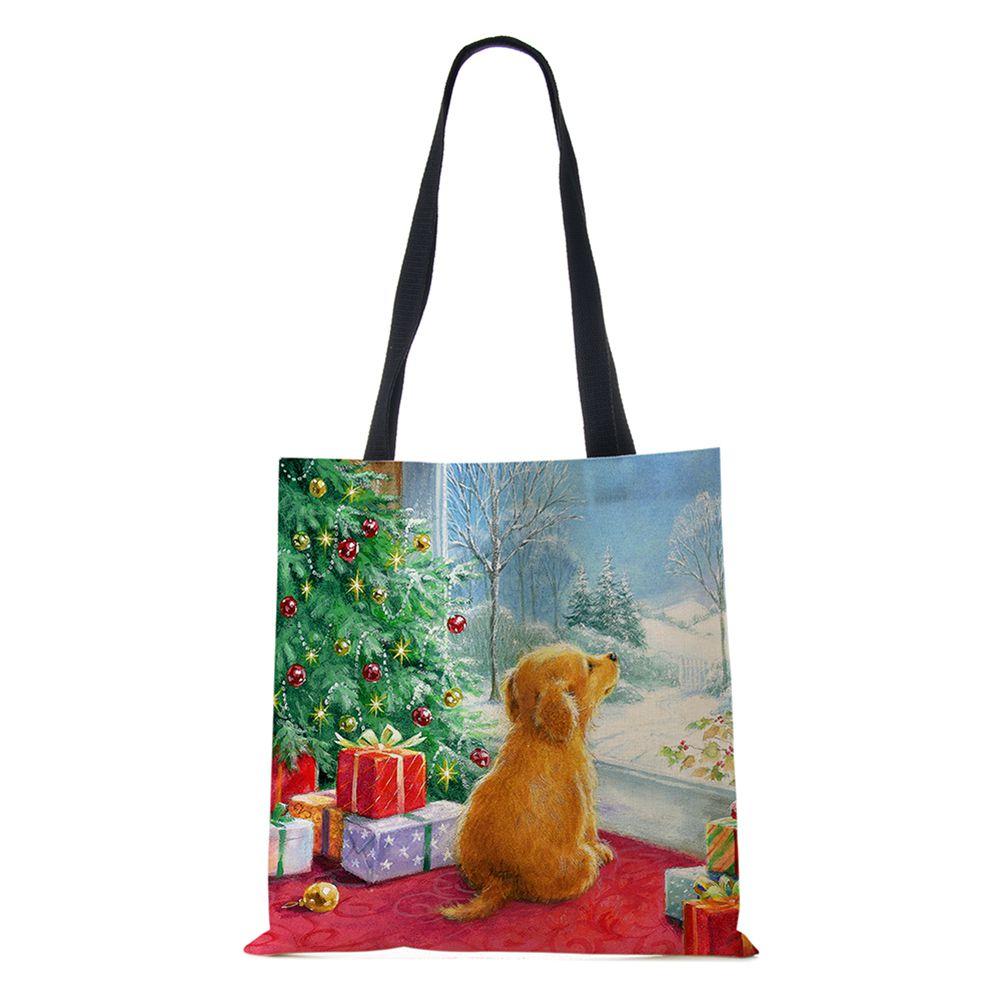 Рождественская елка Подарок Харадзюку Холщовая сумка-шоппер Рождественская собака Женская многоразовая сумка через плечо Большая вместимость Складная сумка для хранения KTY