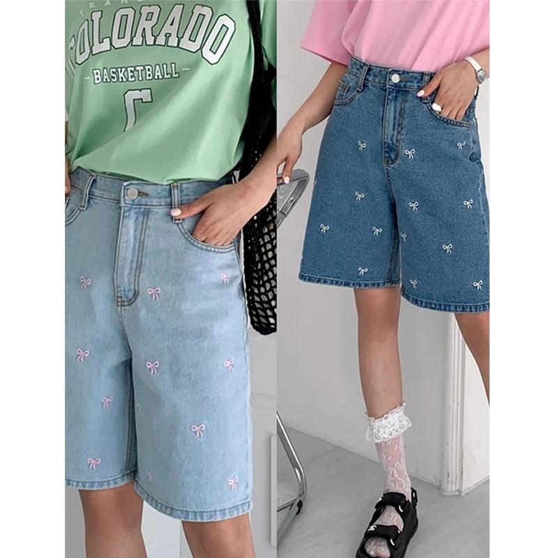 Fashion Retro Bow Large Size Loose Denim Shorts Women Casual Vintage Summer Wide Leg Pant Female Button High Waist Short Streetwear Jeans