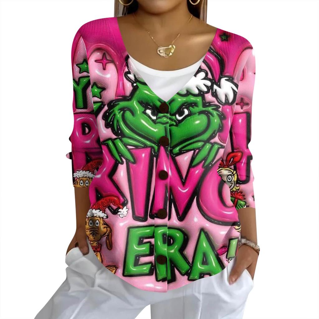 Women's Fashion Casual Knit Sweater Button-Up Christmas Print Cardigan Jacket