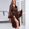 Халат с кружевными рукавами, женский атласный халат в стиле пэчворк с перьями, кимоно, длинная летняя ночная рубашка, пижама, свободная одежда для дома для невесты