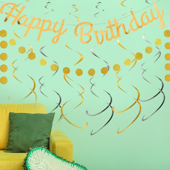 Золотой блестящий баннер с днем ​​рождения, набор для украшения баннера с круговой точкой, блестящий картонный флаг на день рождения, висячие завитки, гирлянда, праздничные атрибуты