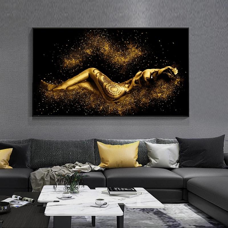 Black and Gold Abstract Sexy Nude Women Body Figure Oil Painting On Canvas Posters and Prints Wall Art Picture for Living Room
