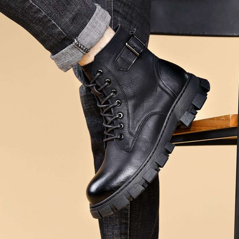 Genuine Leather Men Boots Fashion Casual High-top Boots British Style Short Boots for Men Plush Warm Winter Booties Botas Hombre