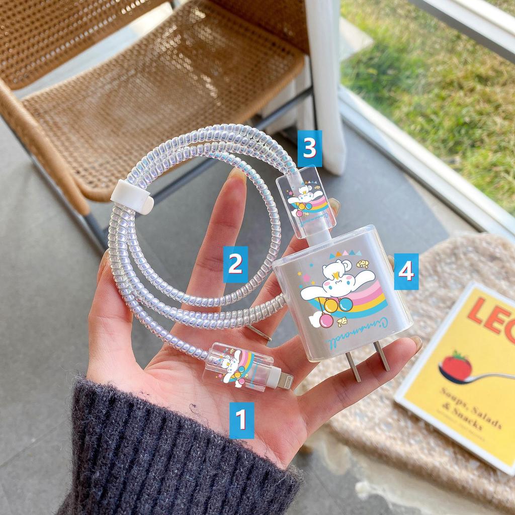 Комплект защиты кабеля данных Apple: Зарядная головка 20 Вт, прозрачный мультяшный дизайн, набор из 4 предметов