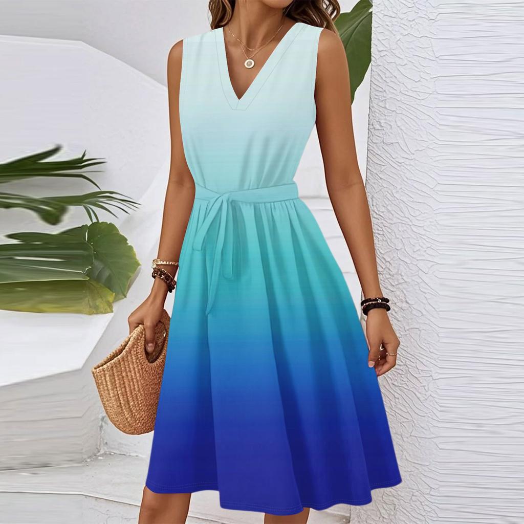 Женское весенне-летнее повседневное миди-платье без рукавов с V-образным вырезом, приталенное, с градиентным принтом