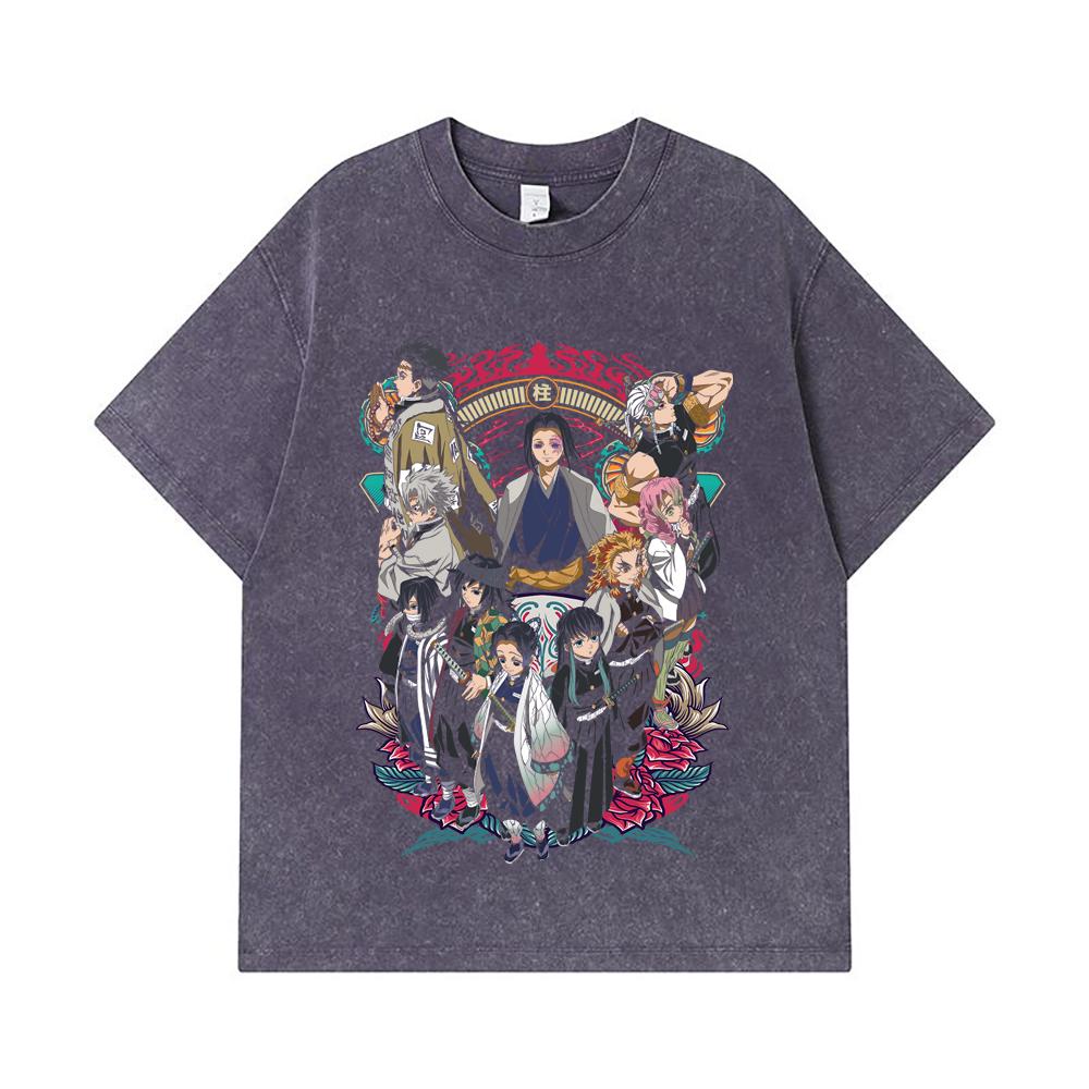 275 GSM Washed T-shirts 100% Cotton Demon Slayer V62 Hashiras Print Unisex Heavy Cotton T Shirt