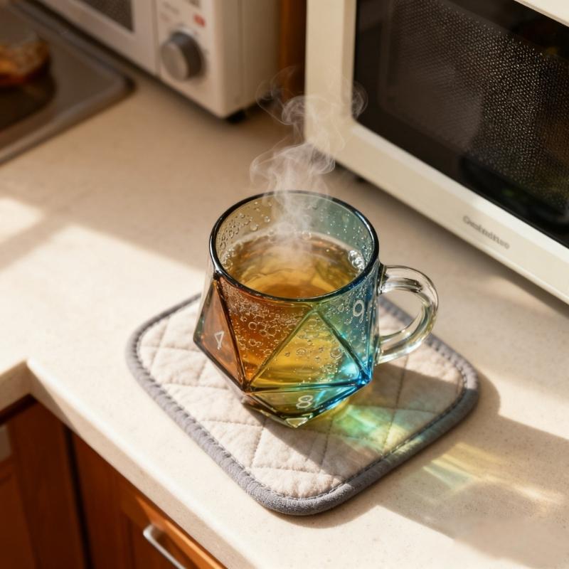Rainbow D20 Dices Design Glass Cup Geometric Multicolored Heat Resistant For Hot Beverages Ergonomic Handle Gaming Enthusiasts