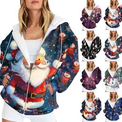 Женская мода повседневная рождественская принтовая толстовка осень-зима с длинным рукавом кардиган куртка с карманом на молнии толстовка с капюшоном куртка